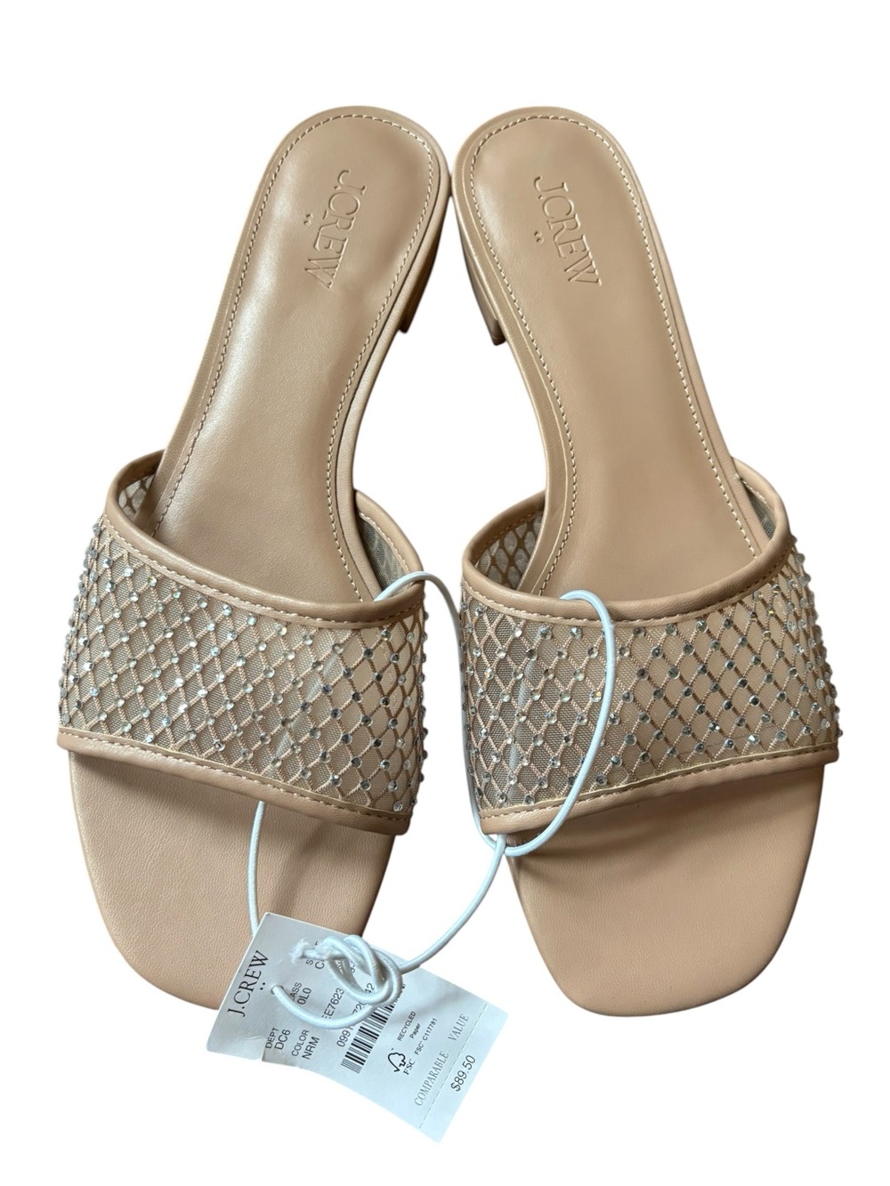 J. Crew Factory Tan & Sparkly Silver Rhinestone Netted Slide Sandals, 9